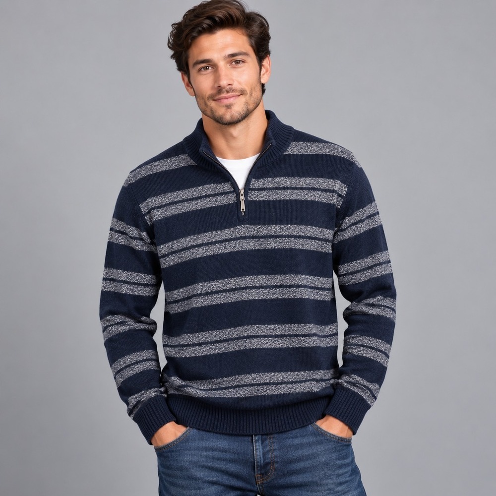 American Rag Mens Navy Blue Striped Quarter Zip Cotton Knit Sweater Medium